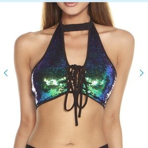 iHeartRaves Lorelei Sequin Lace Up Halter Top